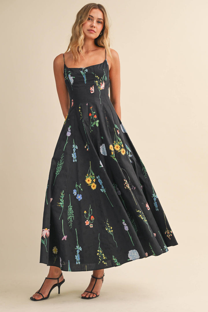 FLORAL PRINTED SLEEVELESS FLARED MAXI DRESS