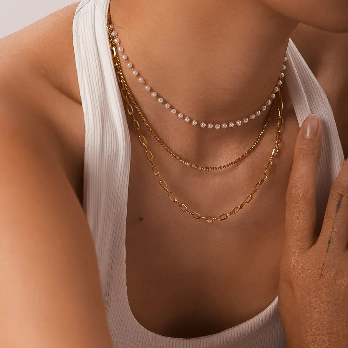 Stacked Pearl Chain Necklace