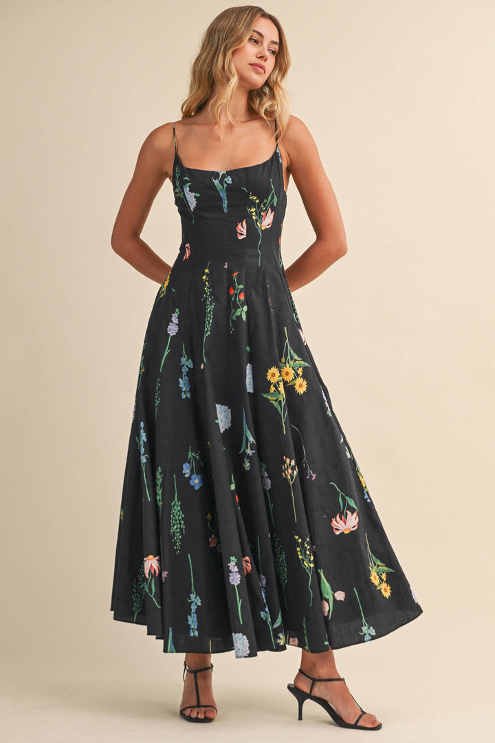 FLORAL PRINTED SLEEVELESS FLARED MAXI DRESS