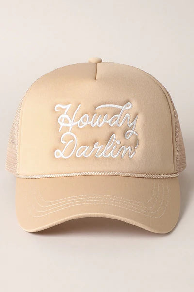 Howdy Darlin' Embroidered Mesh Back Trucker Hat in Beige