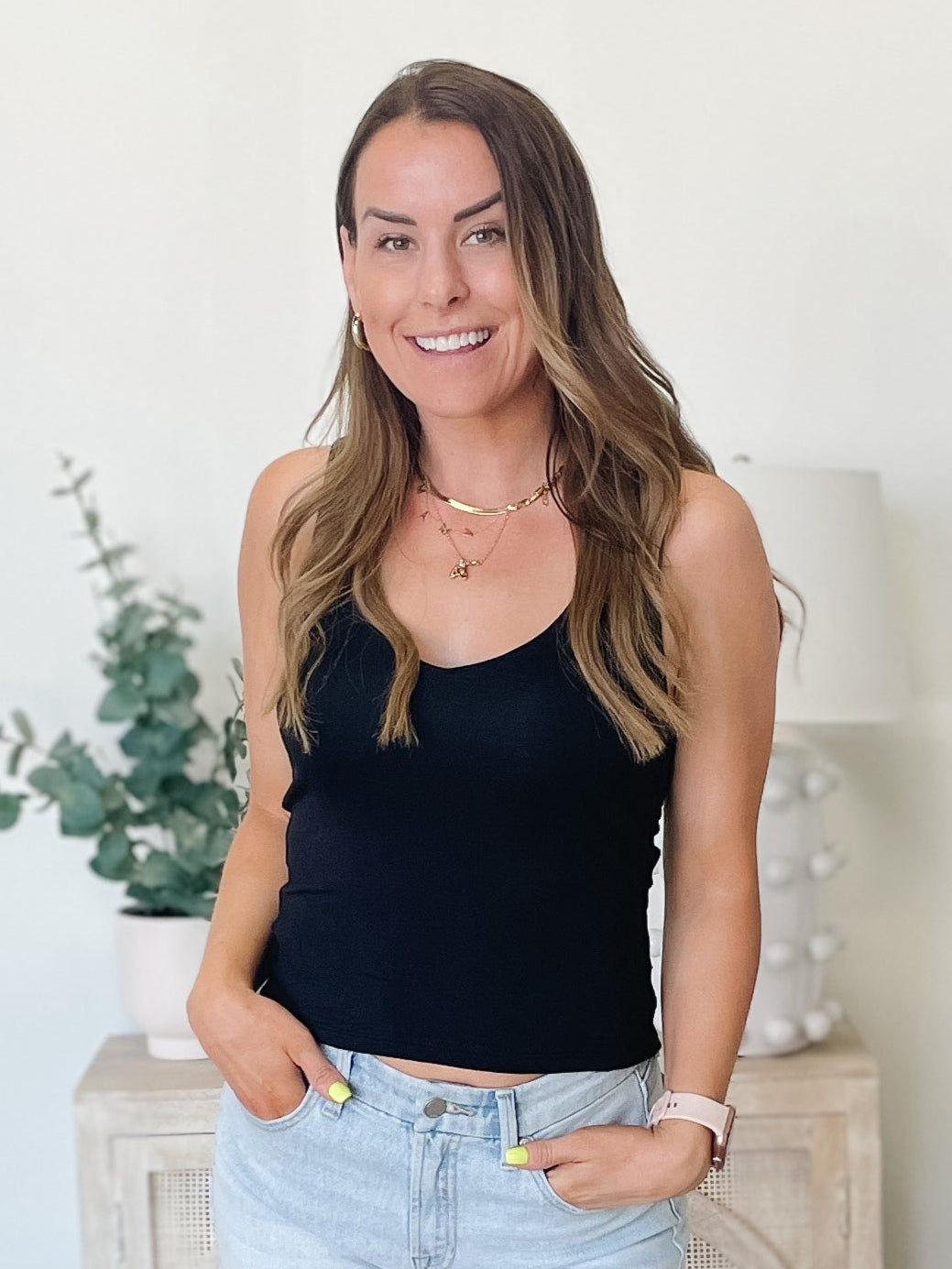 Double Layer V Neck Tank Top in Black