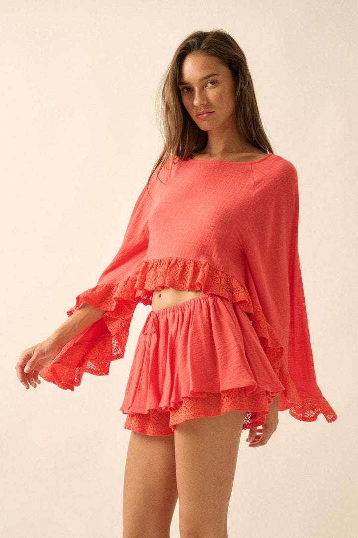 Cotton Gauze and Crochet Lace Gathered Drawstring Skort in Honey Orange