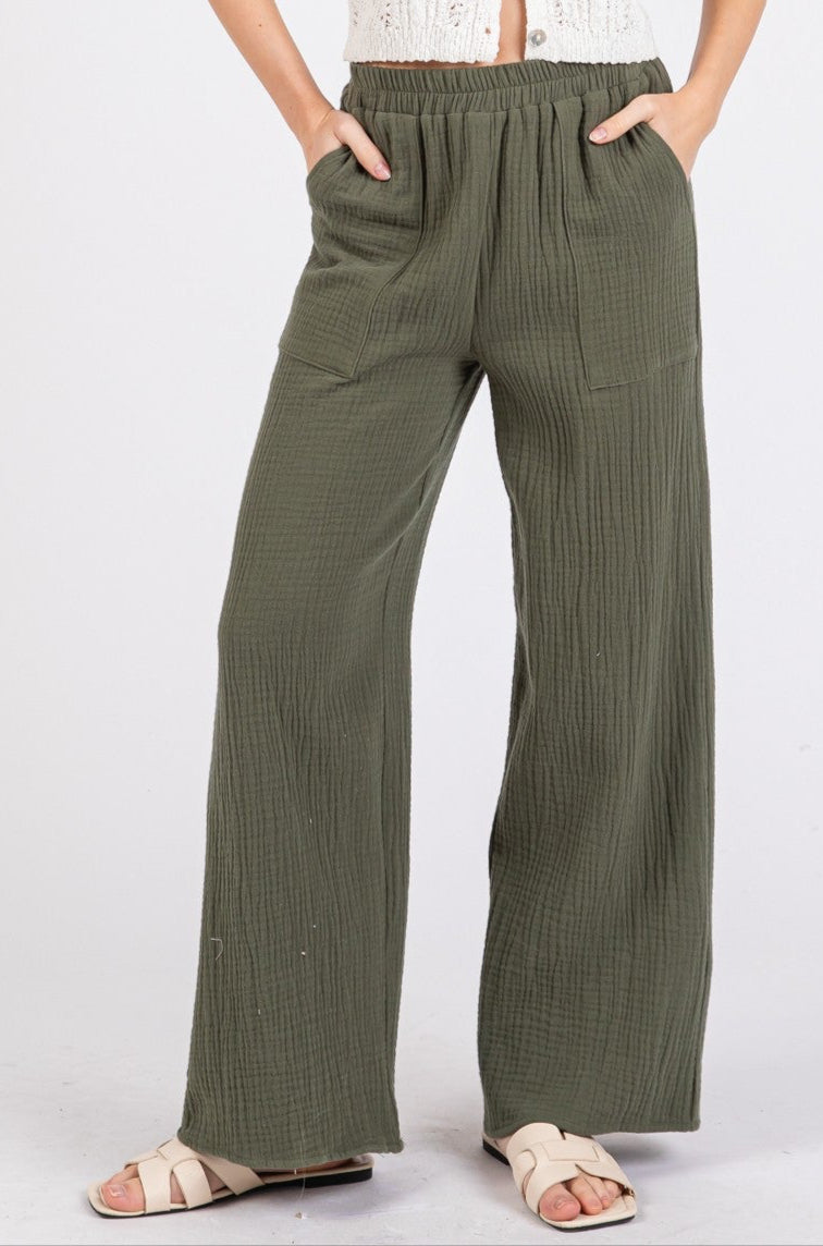 Isla Gauze Wide Leg Pants in Olive