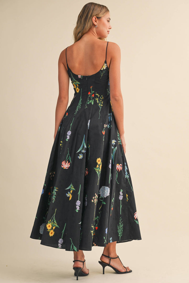 FLORAL PRINTED SLEEVELESS FLARED MAXI DRESS