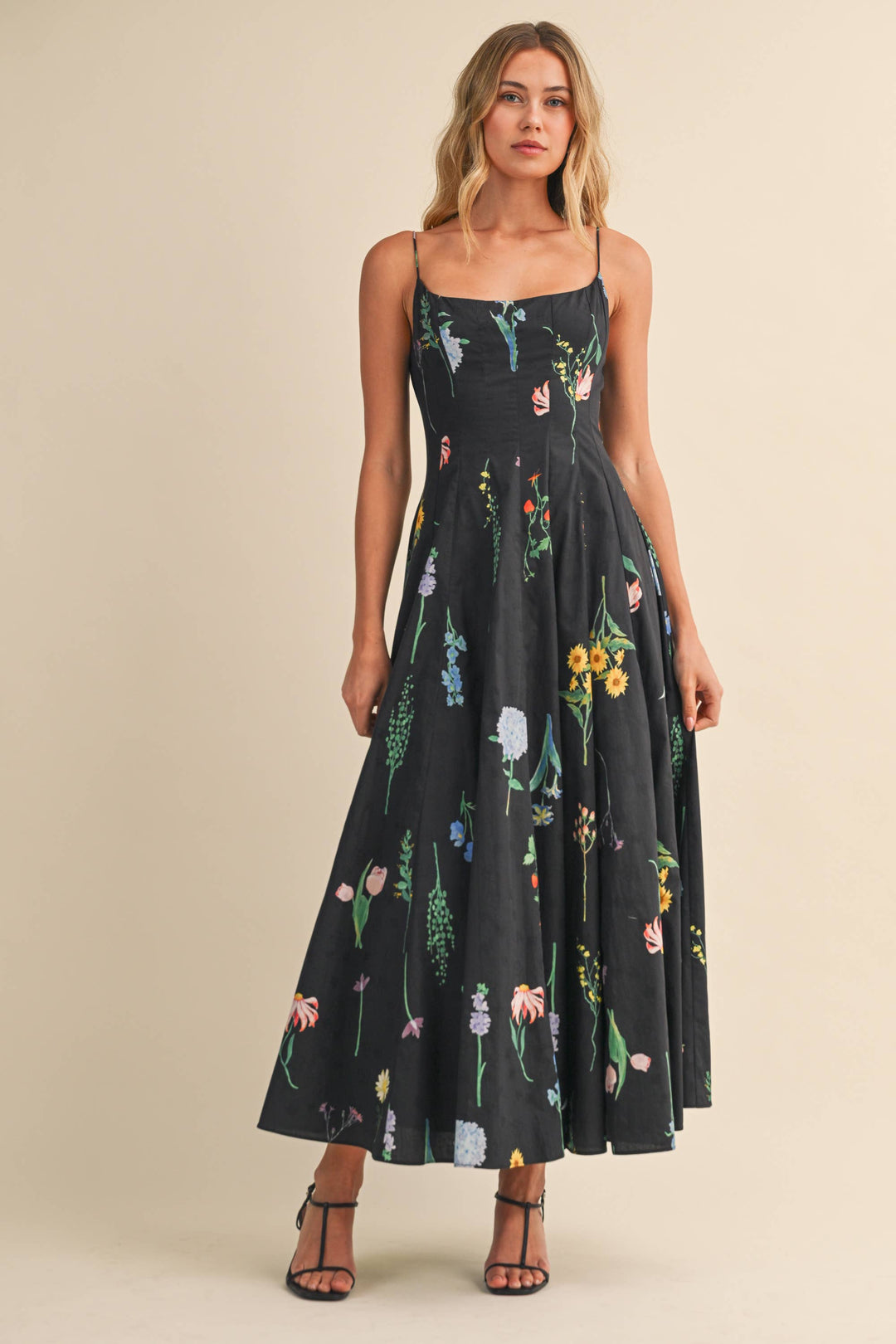FLORAL PRINTED SLEEVELESS FLARED MAXI DRESS