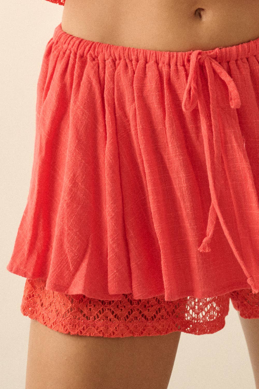 Cotton Gauze and Crochet Lace Gathered Drawstring Skort in Honey Orange