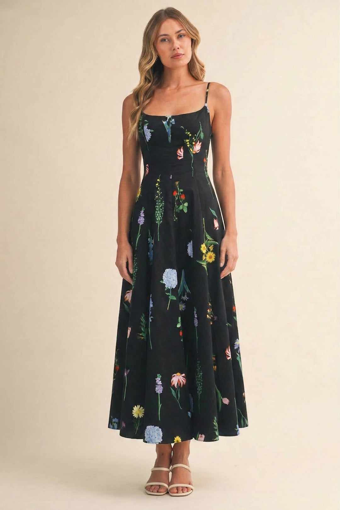FLORAL PRINTED SLEEVELESS FLARED MAXI DRESS