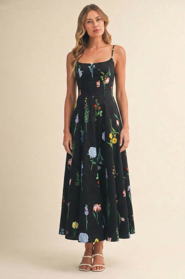 FLORAL PRINTED SLEEVELESS FLARED MAXI DRESS