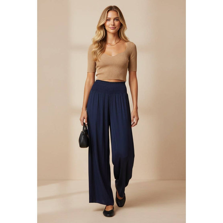 Smocked Waist Wide Leg Pant in Navy