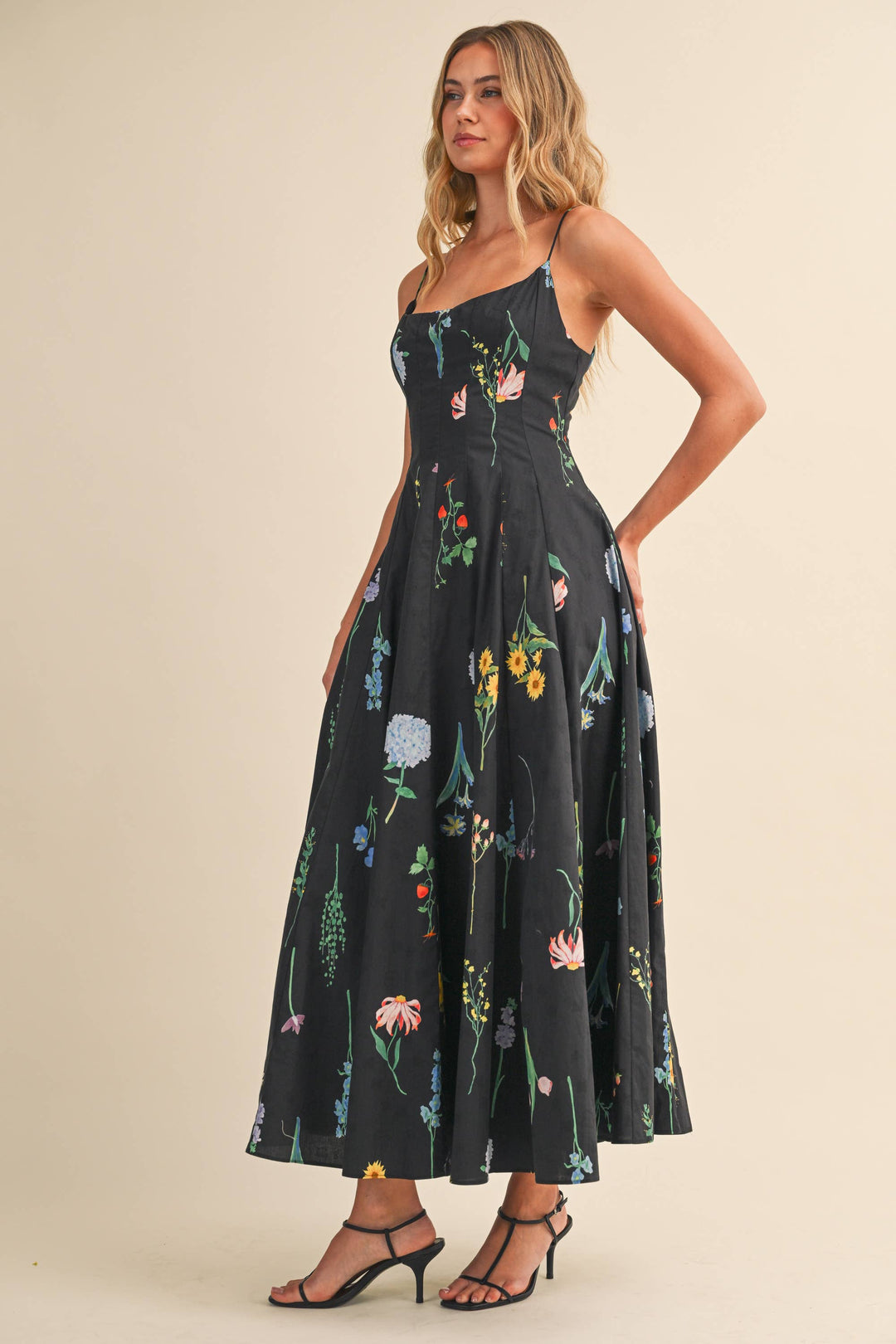FLORAL PRINTED SLEEVELESS FLARED MAXI DRESS