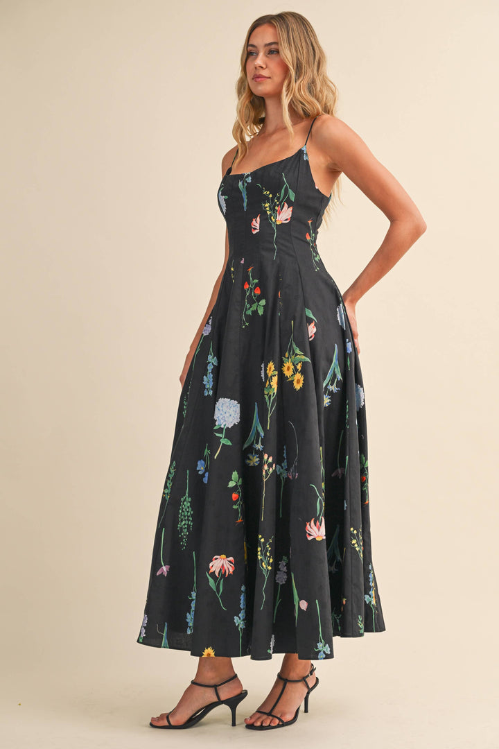 FLORAL PRINTED SLEEVELESS FLARED MAXI DRESS