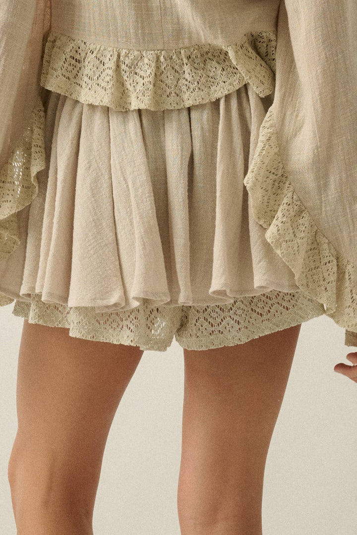 Cotton Gauze and Crochet Lace Gathered Drawstring Skort in Honey Orange