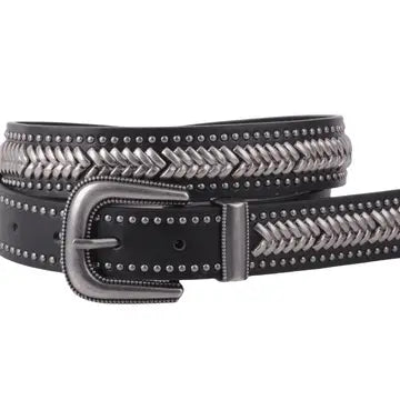 CHEVRON STUD-LINED LEATHER BELT in Black