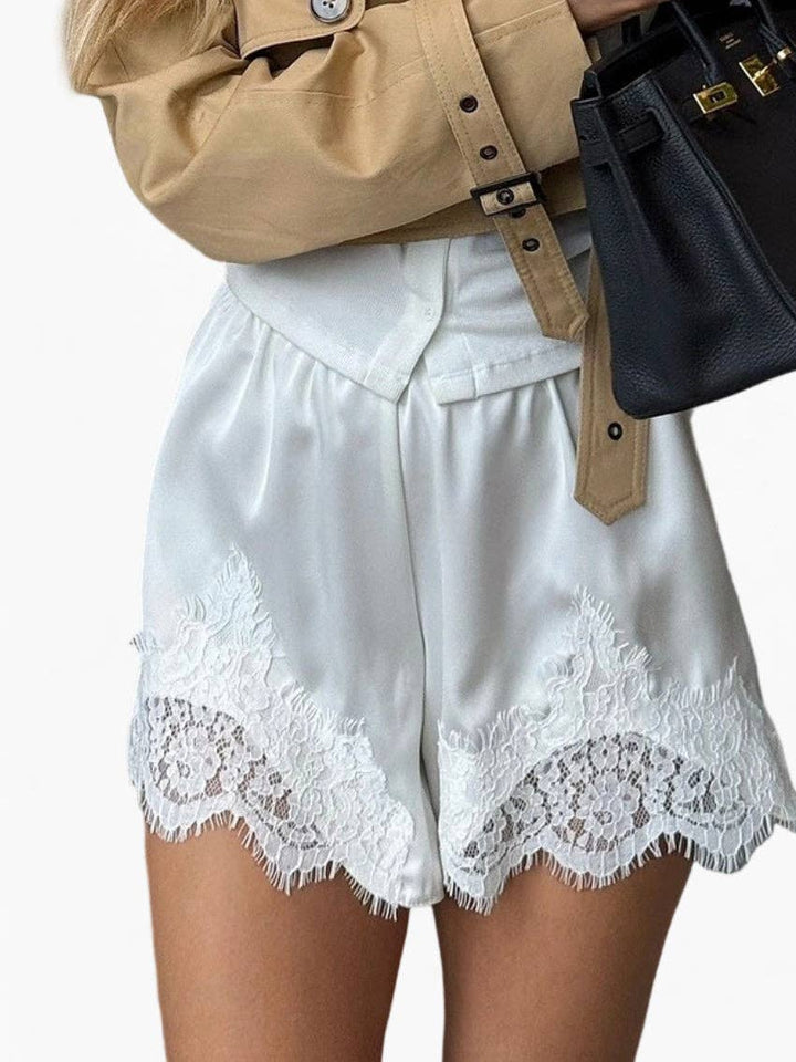 Satin Lace Trim Loose Shorts in White