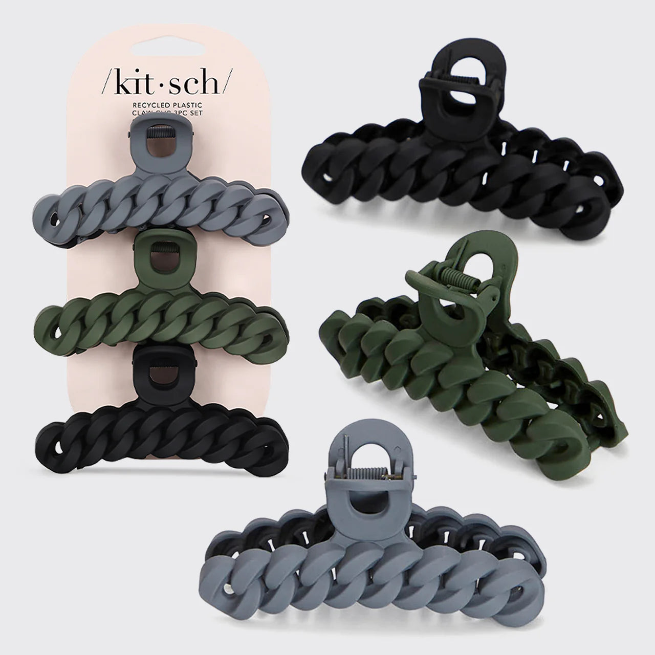 Kitsch Black & Moss Chain Claw Clips 3pc Set