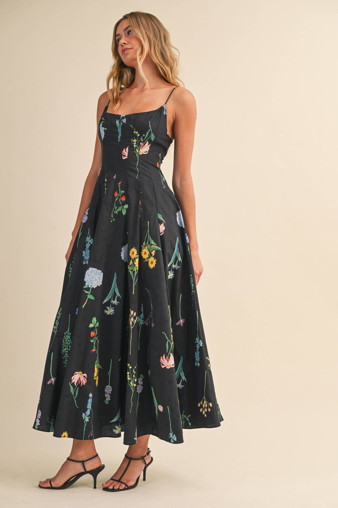 FLORAL PRINTED SLEEVELESS FLARED MAXI DRESS