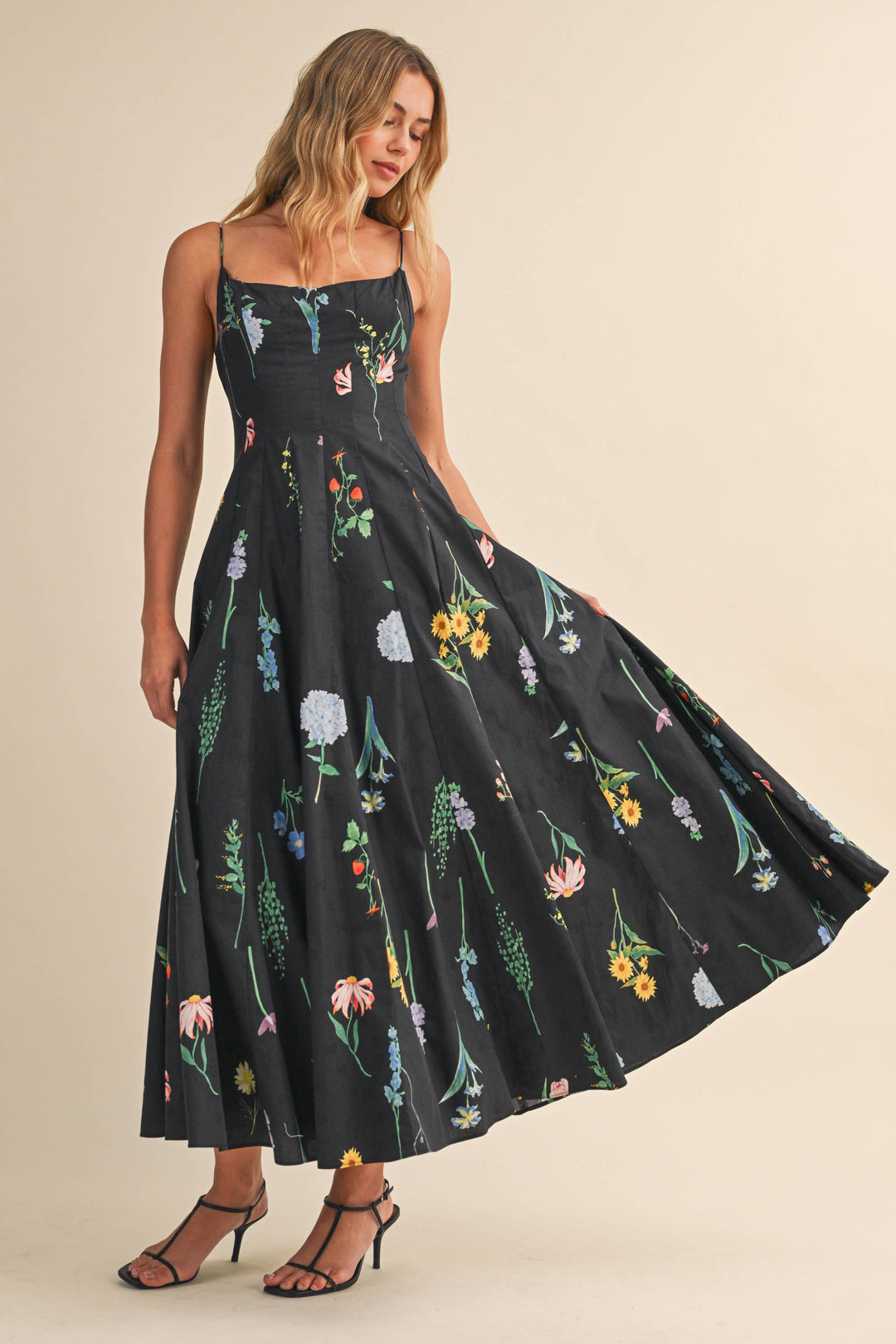 FLORAL PRINTED SLEEVELESS FLARED MAXI DRESS