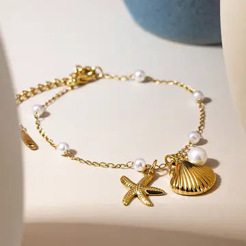 Capelia Gold Seashell & Sea Star Pearl Necklace