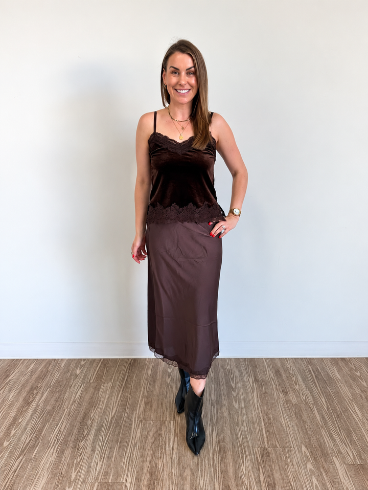 Satin Lace Skirt in Chocolate