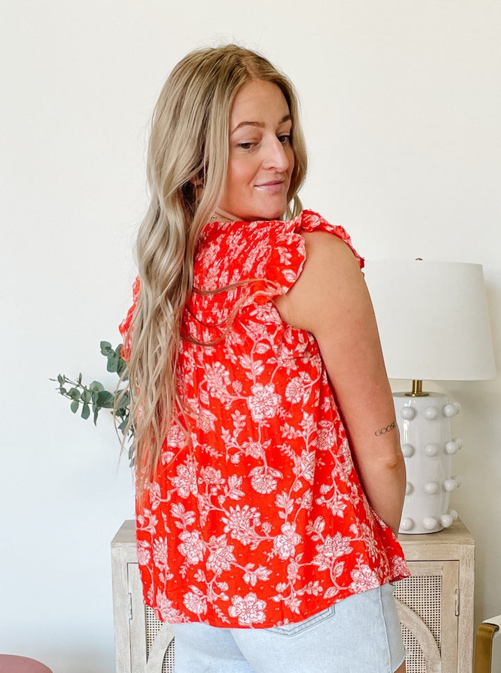 DEX Printed Flutter Sleeve Top in Orange Cream Floral