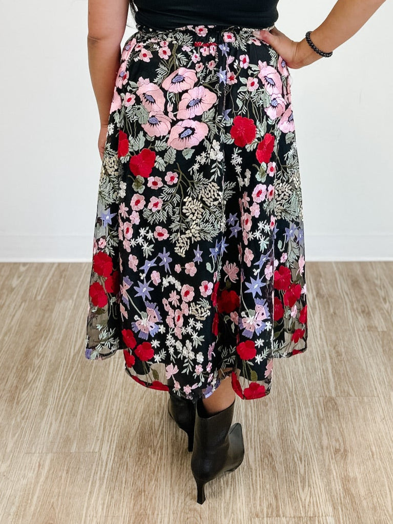 Floral Embroidered Mesh A Line Skirt