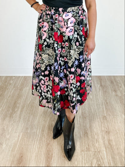 Floral Embroidered Mesh A Line Skirt
