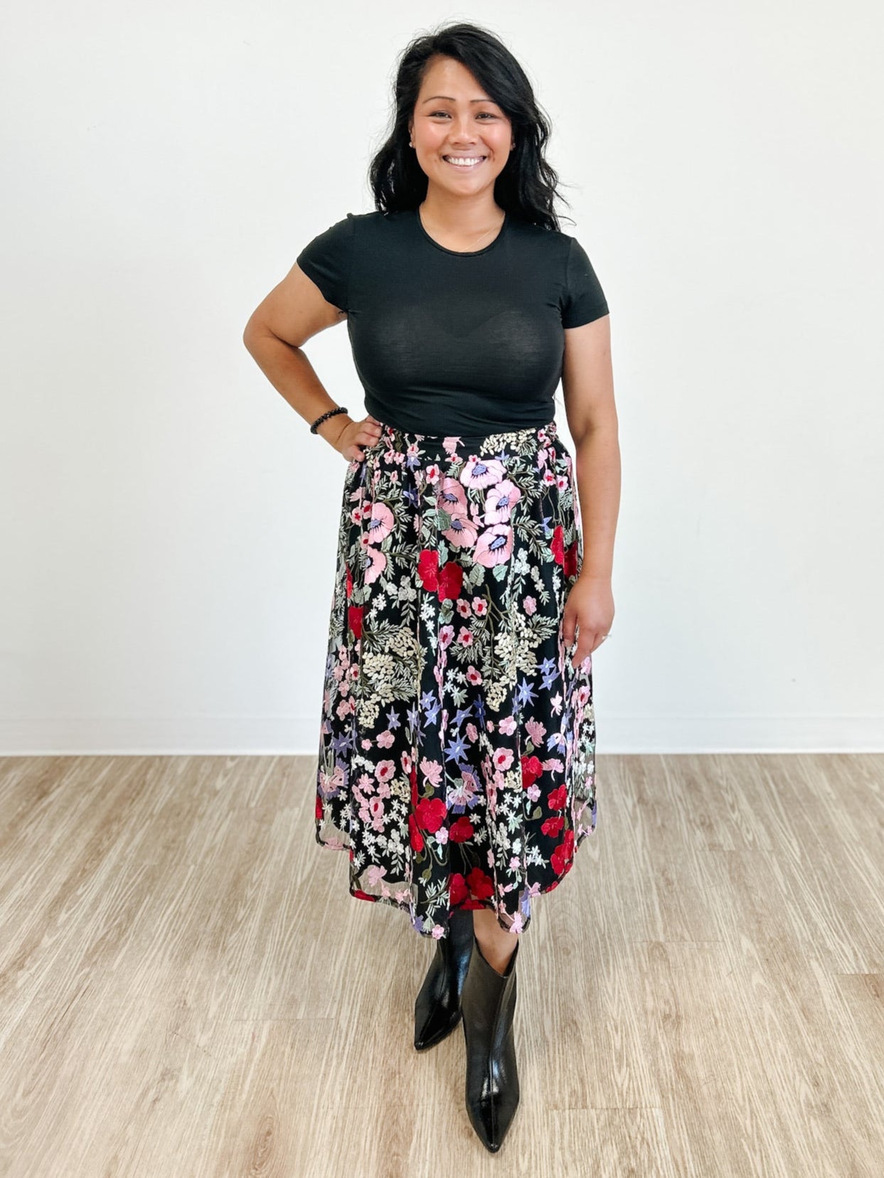 Floral Embroidered Mesh A Line Skirt