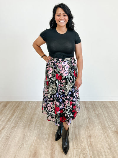 Floral Embroidered Mesh A Line Skirt