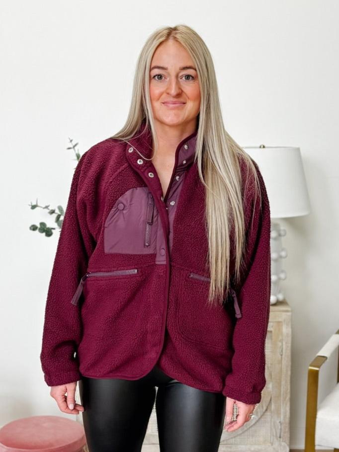 Free People Hit The Slopes Fleece Jacket in Deep Maroon