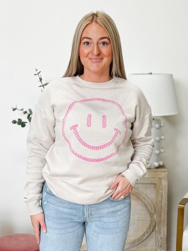 Smile Happy Face Dot Graphic Sweatshirt in Beige