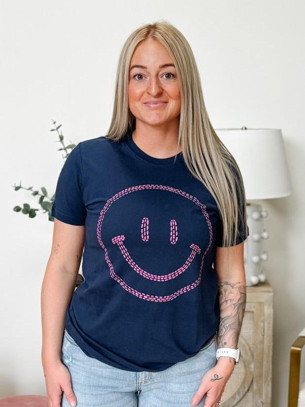 Smile Happy Face Dot Graphic Tee in Navy