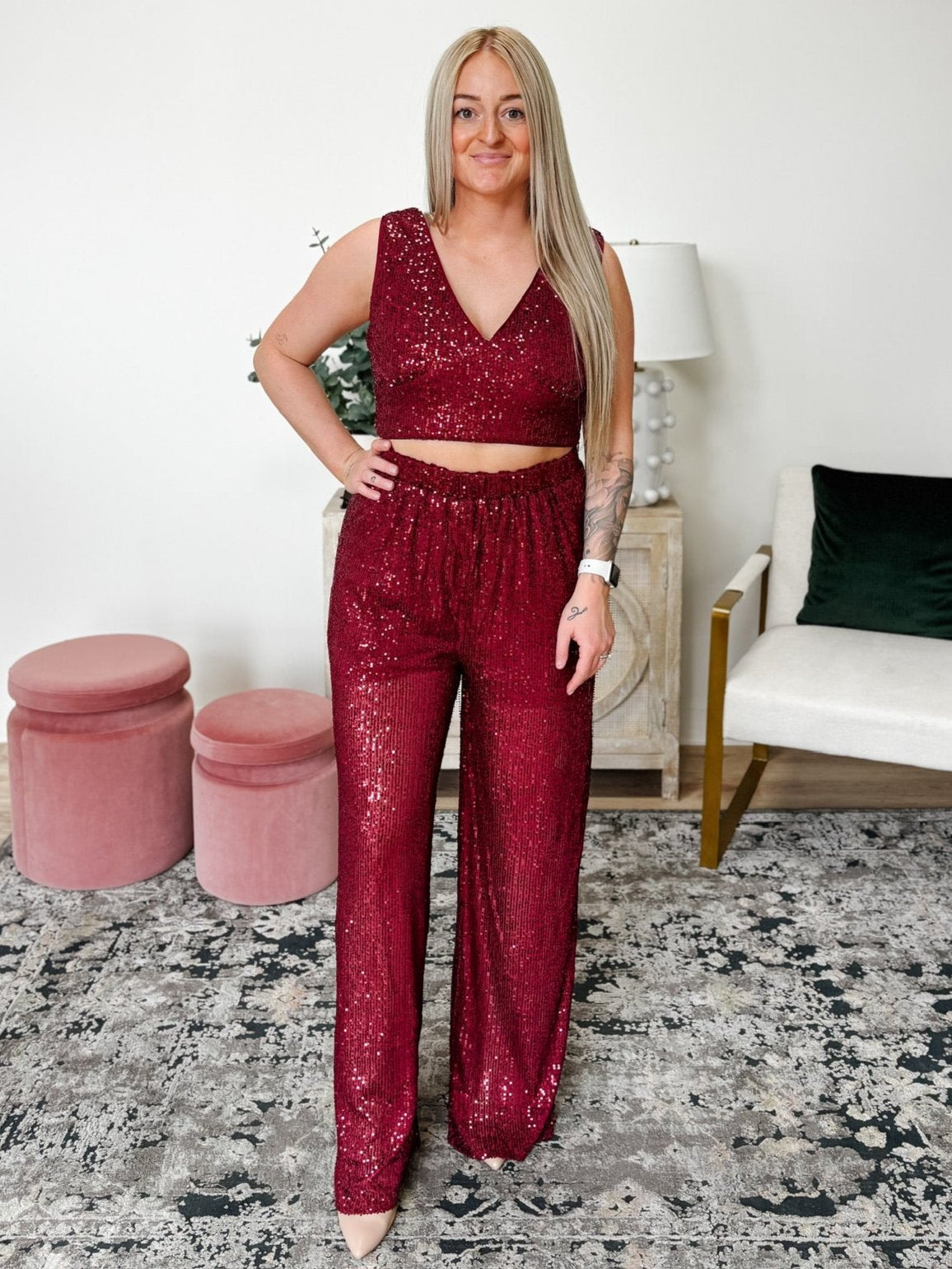 Sequin Crop Top & Wide Leg Pant Set in Burgundy