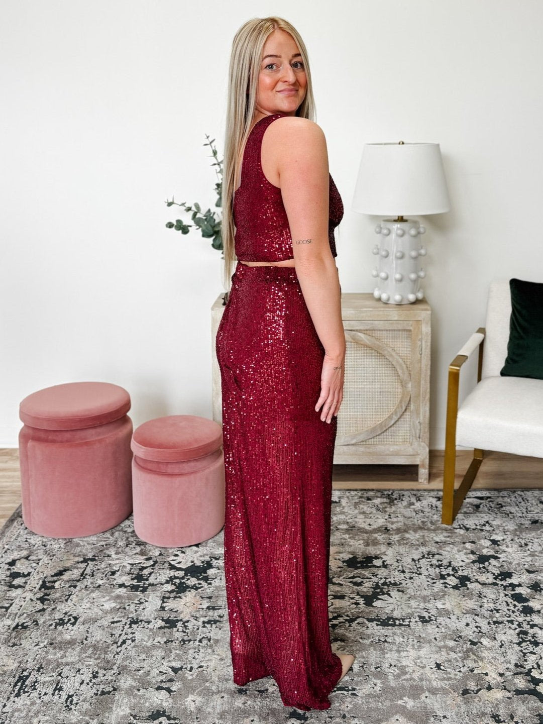 Sequin Crop Top & Wide Leg Pant Set in Burgundy