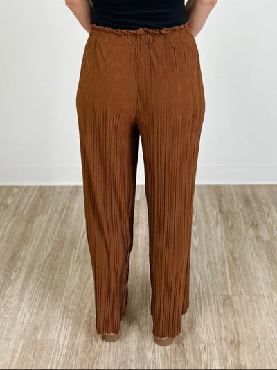 Pleated Wide Leg Paperbag Self Tie Pants in Espresso