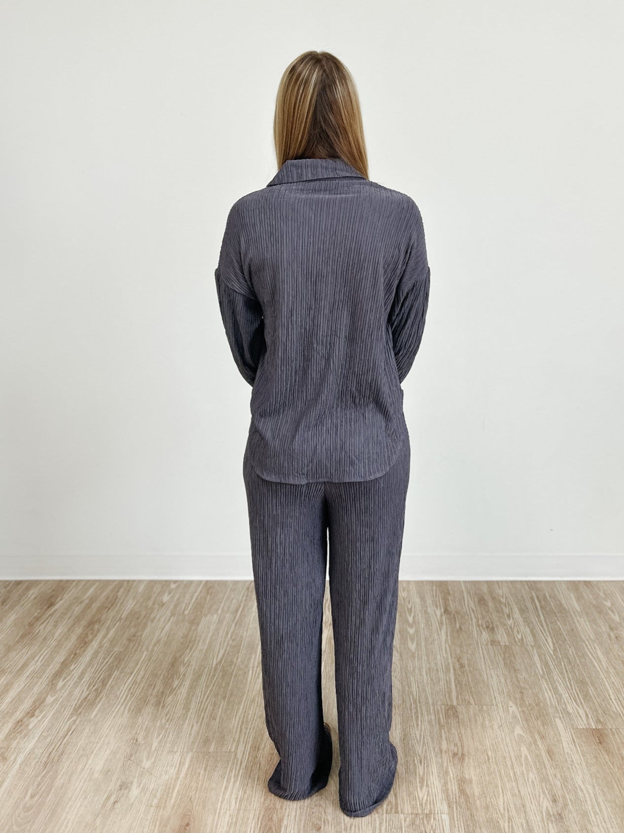 Crinkle Button Down Shirt Loungewear 2 Piece Set