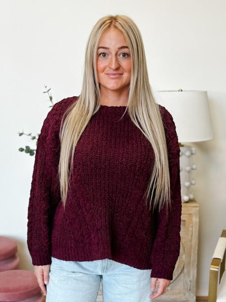 Oversized Cable Knit Pullover Sweater in Oxblood