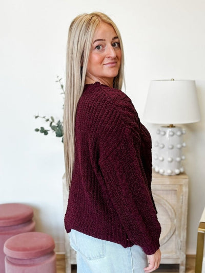 Oversized Cable Knit Pullover Sweater in Oxblood