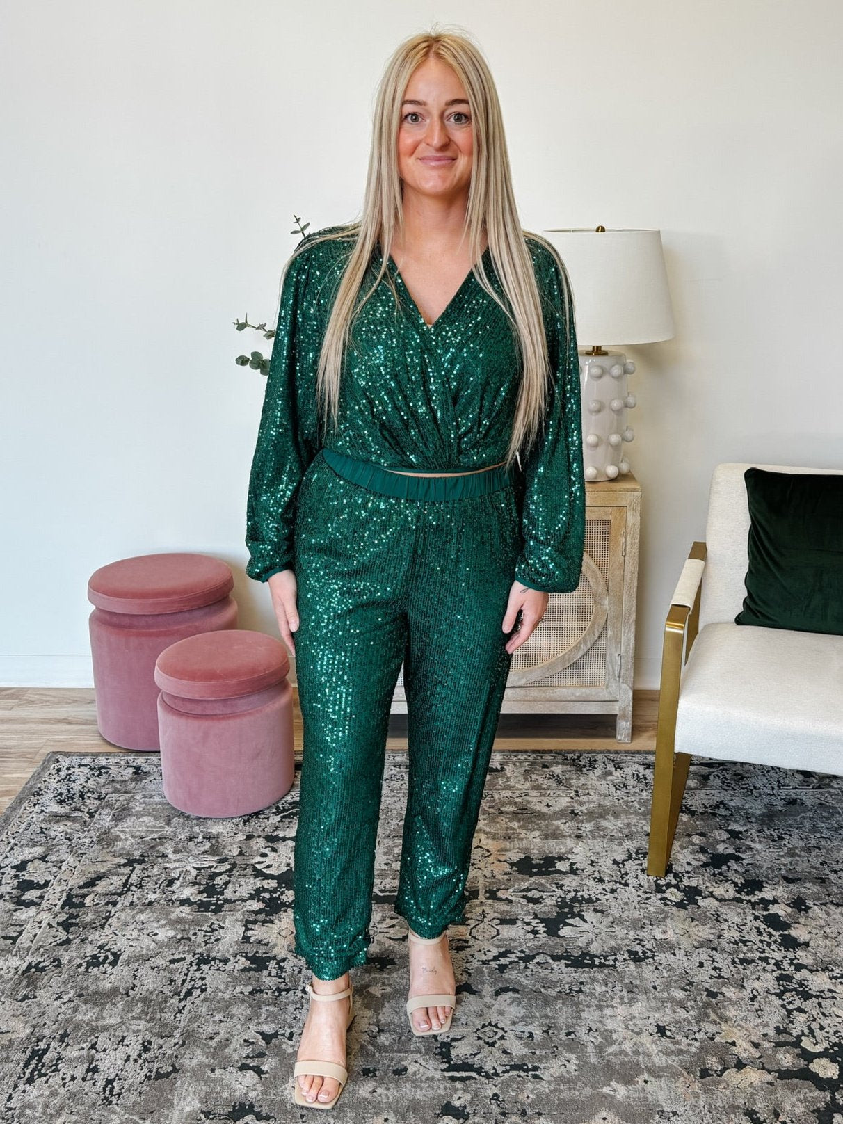 Sequin Long Sleeve Crop Top & Pant Set in Green