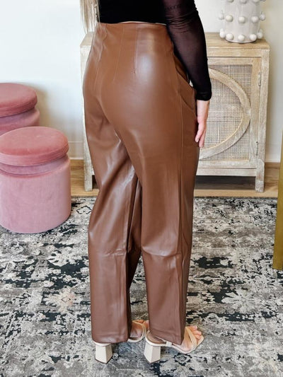 High Waist Slim Fit Faux Leather Long Pants in Warm Brown