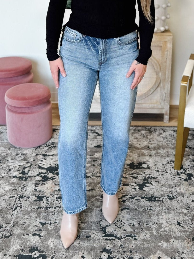 Sneek Peek High Rise Straight Leg Jeans in Light Blue Denim