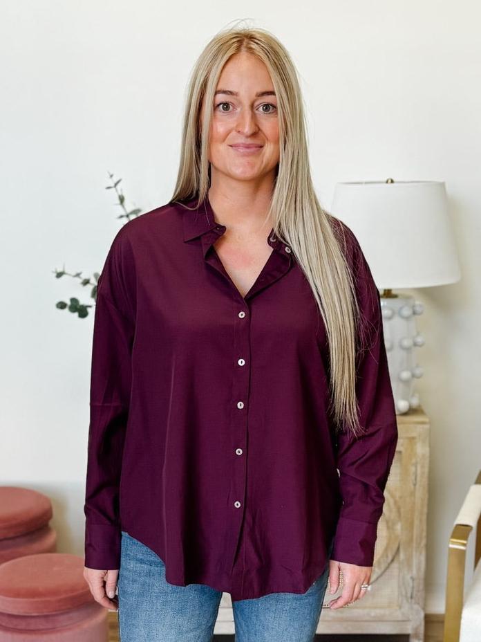 Nora Long Sleeve Oversized Shirt in Wine