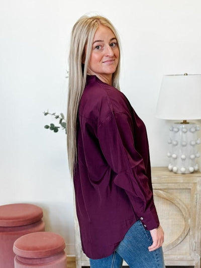 Nora Long Sleeve Oversized Shirt in Wine