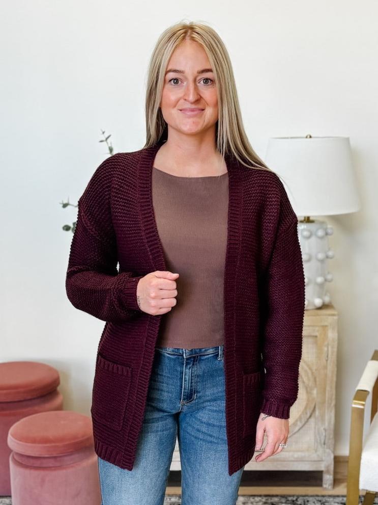 Long Sleeve Waffle Cardigan in Wine