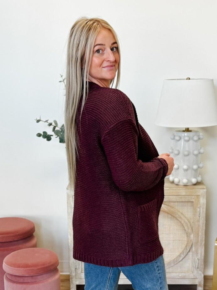 Long Sleeve Waffle Cardigan in Wine