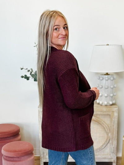 Long Sleeve Waffle Cardigan in Wine