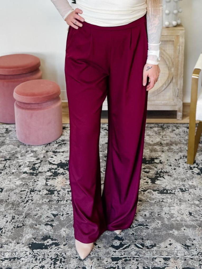 High Waist Wide Leg Pants in Burgundy