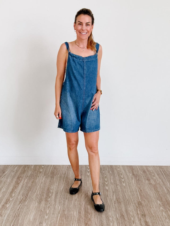 Denim Washed Romper in Medium Wash