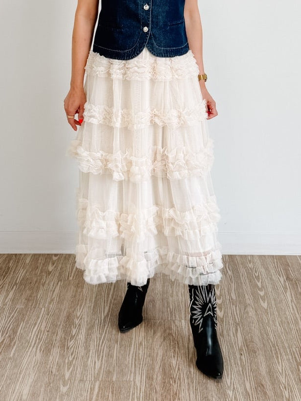 Romantic Ruffle Tiered Tulle Midi Skirt