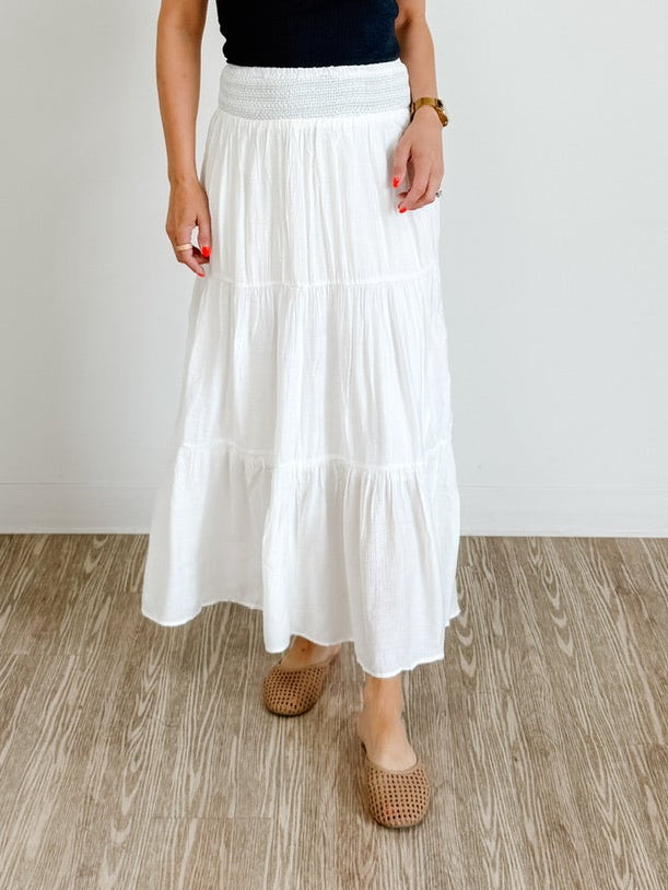 Elegant Long Flowing Two-Tone Skirt in White