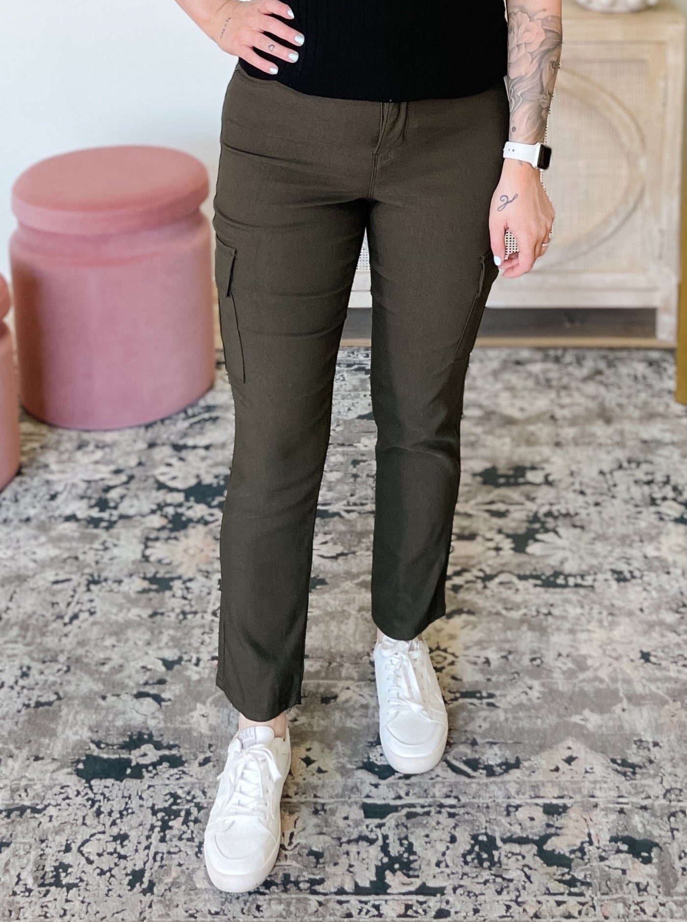 Hyperstretch High Rise Straight Leg Cargo Pant in Dark Olive